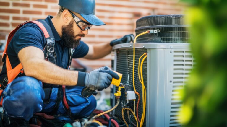Technician performs maintenance on an air conditioning unit in a residential backyard during daylight hours This is a picture for a blog about air conditioning repair service.