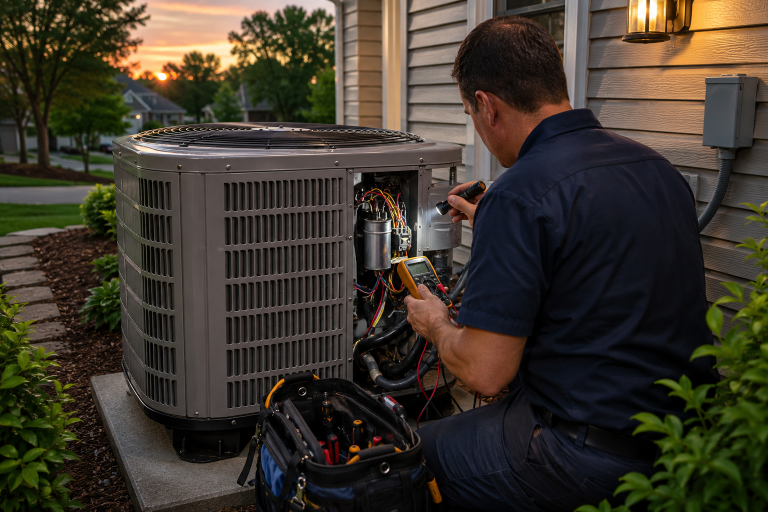 Licensed air conditioning repair emergency company technician checking an outdoor AC unit.